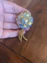 Vintage Edlee Aurora Borealis Rivoli Rhinestones Gold Tone Pendant w/ Tassle 3”