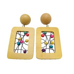 Vintage 1980s Yellow Wooden Rectangle Earrings With Colorful Bead Accents
