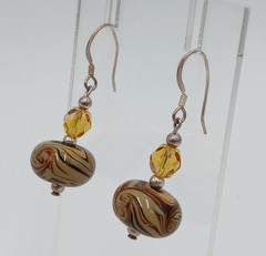 925 Lampwork Glass Bead Earrings 1.25in Sterling Silver 5gtw Brown Cream Swirl