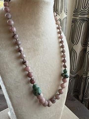 Unique Vintage Natural Stone, Pink And Green Necklace, Ornate Oval Box Clasp