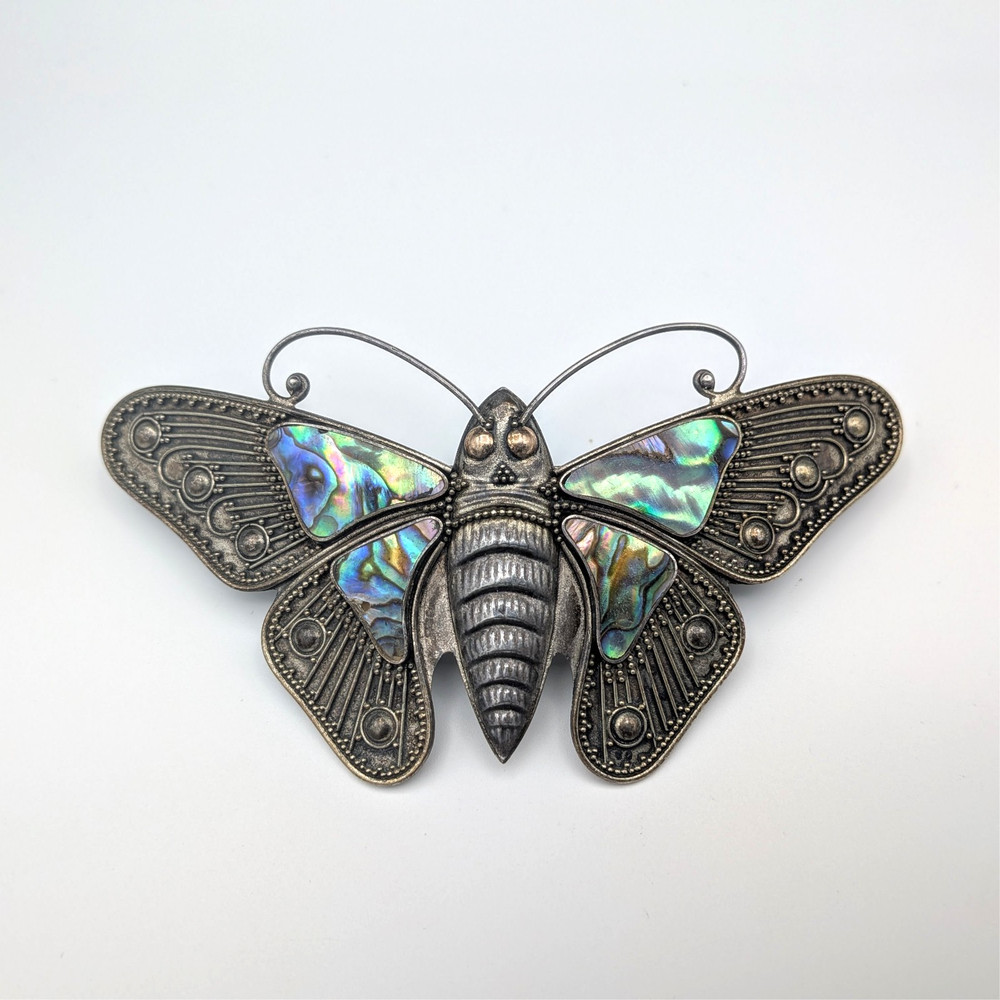 Vintage Sterling Silver Moth Large Hair Clip With Abalone Shell Inlay
