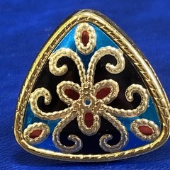 Vtg Aztec Mosiac Triangle Goldtone Blue Red Enamel Clip On Earrings