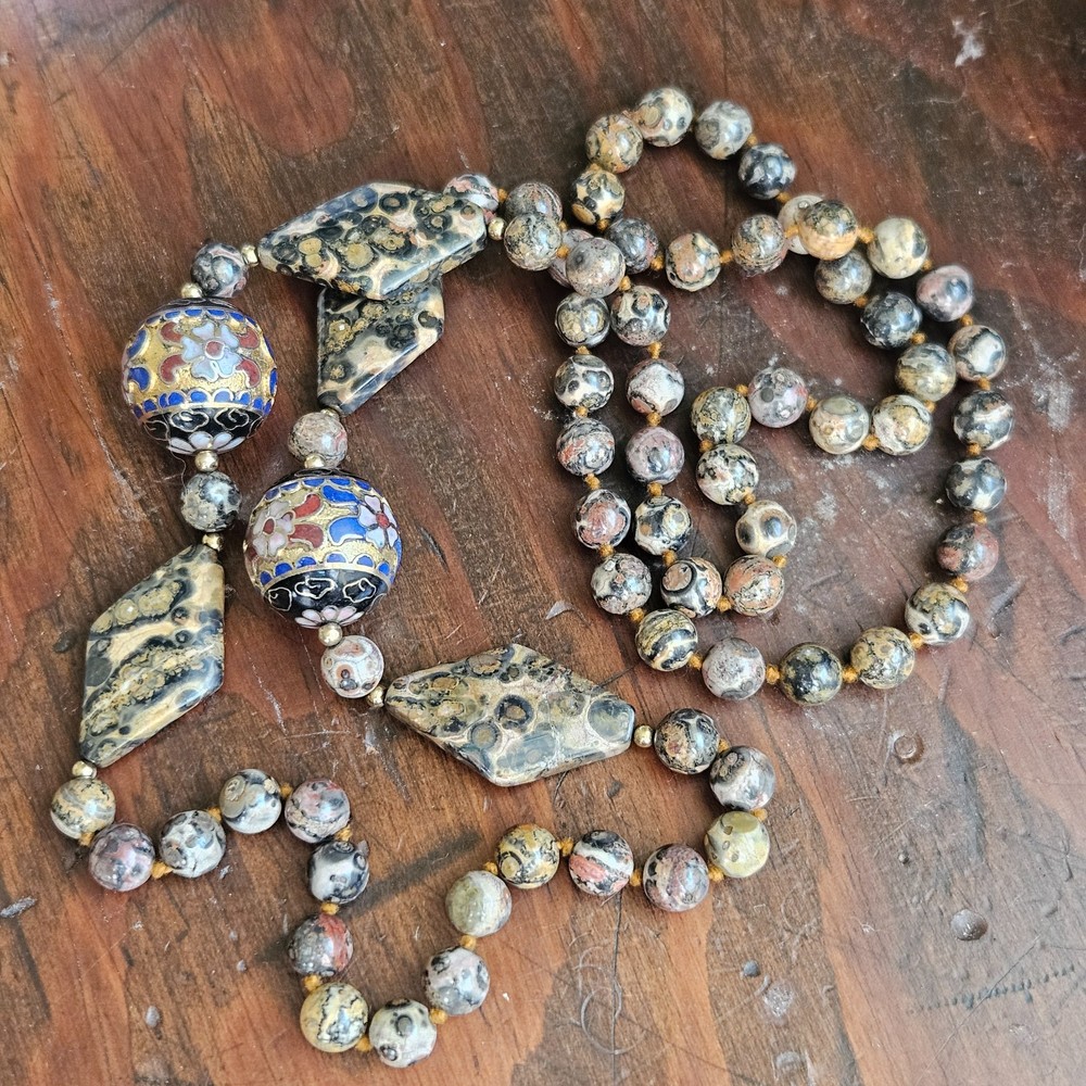 Vintage Necklace LARGE Cloisonne Bead Leopard Jasper Gemstone Knotted 33″