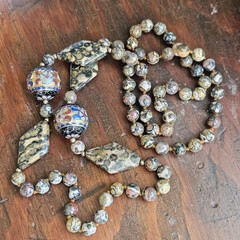 Vintage Necklace LARGE Cloisonne Bead Leopard Jasper Gemstone Knotted 33″