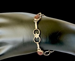 VTG 10K GF Egyptian Revival Agate Scarab Bracelet~Flower Links~1950s