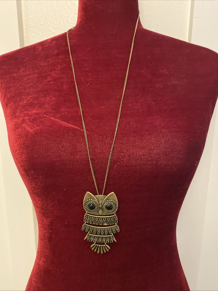 Articulated Gold Tone Owl Pendant Necklace Facet Glass Black Eyes 30” Chain #53