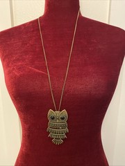 Articulated Gold Tone Owl Pendant Necklace Facet Glass Black Eyes 30” Chain #53