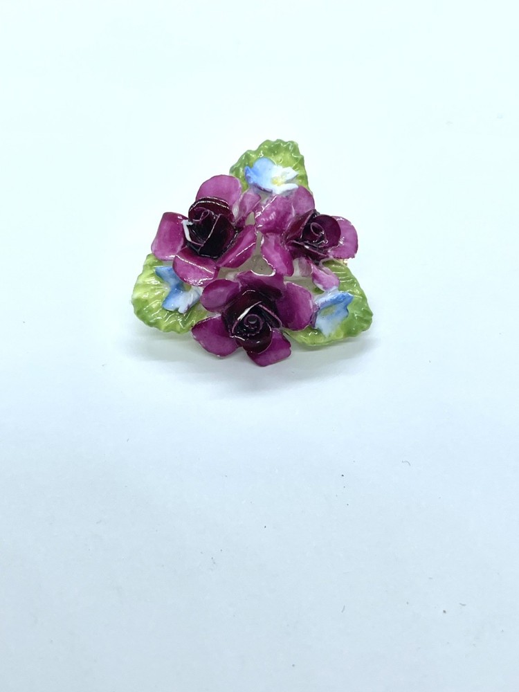 Vintage Coalport Bone China Red Rose ‘Forget Me Not’ Flower Leave England Brooch