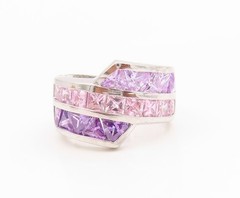 925 Sterling Silver Vintage Ring Amethyst & Pink Topaz Band Sz 7.5 RG36250