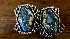Vintage MCM Or Selro Selini Blue Lucite/Gold Glitter Cuff Bracelet Earring Set.