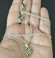 Sterling 925 Stamped, Vintage, Cage-Swirl Green Stones Pendant Necklace and Matc
