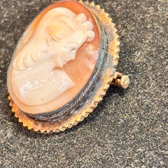 CAMEO brooch antique pink white trombone clasp brass frame heavy verdigris