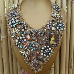 Bib V Necklace Recycled Assembly Jewelry OOAK Vintage Artisan Knitted Art Gift