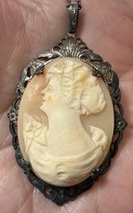 Vintage Victorian Revival Sterling Silver Carved Shell Cameo Pendant Necklace