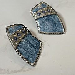 Vintage Edgar BEREBI Tribal So Western Blue Enamel Silver Tone Clip on Earrings