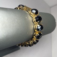 Vintage Jewelry Set black faceted ovals in goldtone Bracelet 7” & post Earrings