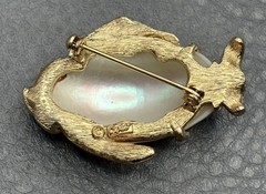 Coro Mother of Pearl Shell Jelly Belly Fish Brooch Faux Coral Rhinestone READ