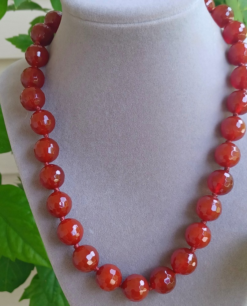 Vintage Kalifano Faceted Carnelian 16mm Bead Necklace Hand knotted 118 G