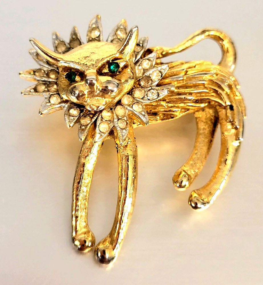 Vintage Fierce Green Eyed Lion Cat Brooch Pin Mane w/Rhinestones G.T. ~Unbranded
