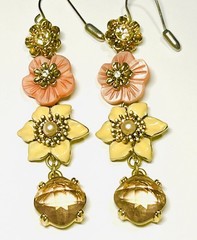 Vintage Gold Dangling Earrings Lilac Faceted Gems, Enamel Flowers, Glass Pearls