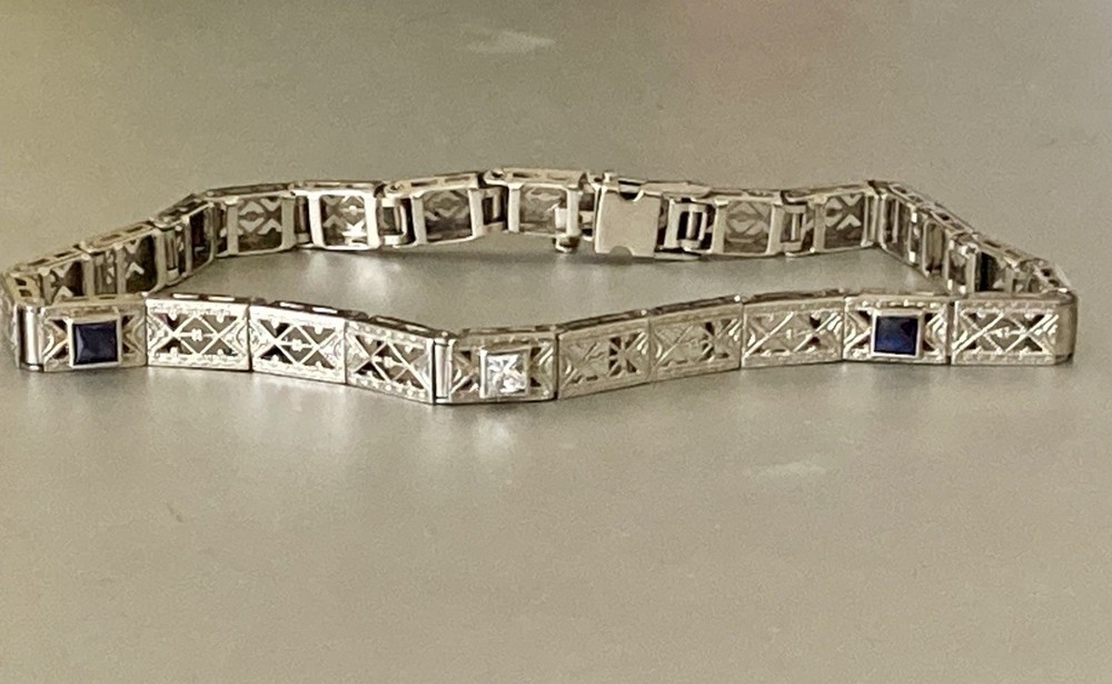 Antique Art Deco 14k White Gold Filigree Bracelet Diamond Sapphire 7 3/8” 6.5grs