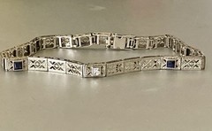 Antique Art Deco 14k White Gold Filigree Bracelet Diamond Sapphire 7 3/8” 6.5grs