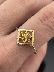 ATQ Vtg 10k Yellow Gold Diamond Ring Brooch Conversion Flower in Square sz 10