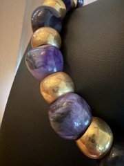 Vintage Chunky Bead Necklace Purple Stone Gold Tone Choker Heavy 15-16”