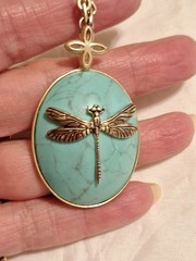 Vintage Fossil Brand Dragonfly Pendant Necklace Blue Stone Bohemian Charm Y2K