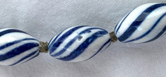 VTG Chinese Porcelain Blue White Stripes Oval Bead Necklace Hand-Knotted Silk
