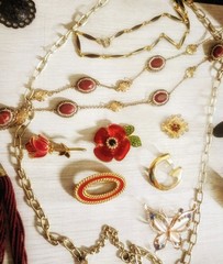 Estate Jewelry Red And Goldtone Mixed Necklace Bracelets Brooches Lot High End
