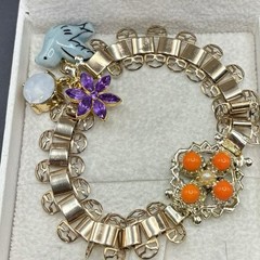 Vintage Opalite, Vtg Purple & Bluebird Charms on Vintage Book Chain Bracelet