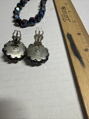 Vintage MCM Oil Slick Peacock Blue Carnival Glass Necklace & Earrings 15in J4