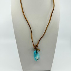Leather Cord Necklace Faux Turquoise Blue Stone Pendant Casual Minimalist