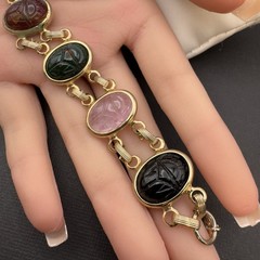 Vintage Double‑Strand Scarab Bracelet Gold Tone Carved Stones Safety Chain 7in