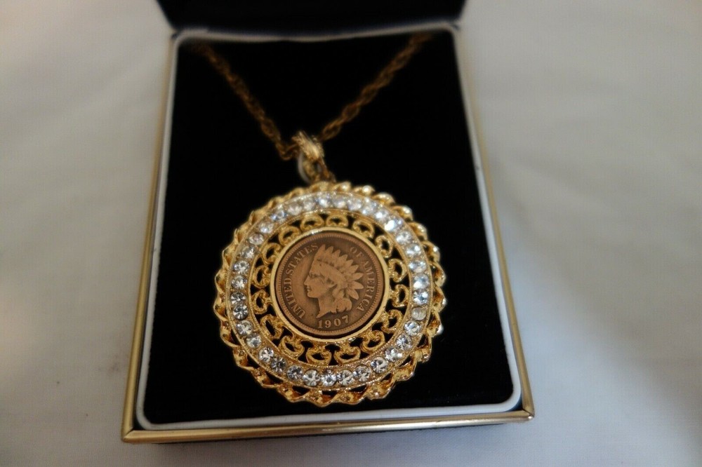 Regal Gems Pendant Medallion 1907 Indian Head Penny 2.25 Carat Man Made Diamonds