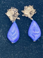 Vintage Miriam Haskell Faux Lapis Blue Silver Tone Drop Clip-On Earrings Signed