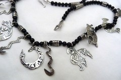 28″ LONG SOUTHWESTERN STERLING SILVER TURTLE BIRD RABBIT ONYX BEAD NECKLACE