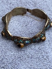 Chinese Export Silver Gilt Filigr Bracelet with Enamel and Tiger’s Eye Cabochons