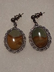 Vintage Sterling Silver Picture Jasper Dangle Post Earrings