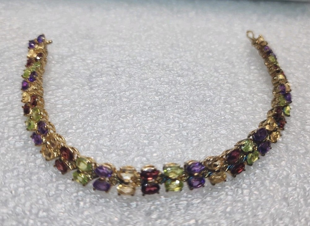 Vintage Gold Tone Tennis Bracelet With Multi Colored Stones 7.5″