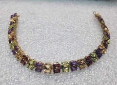 Vintage Gold Tone Tennis Bracelet With Multi Colored Stones 7.5″