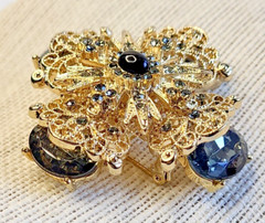 Filigree Gold Tone Smoky Gray Rhinestone Brooch Pin Intricate Detail Layered