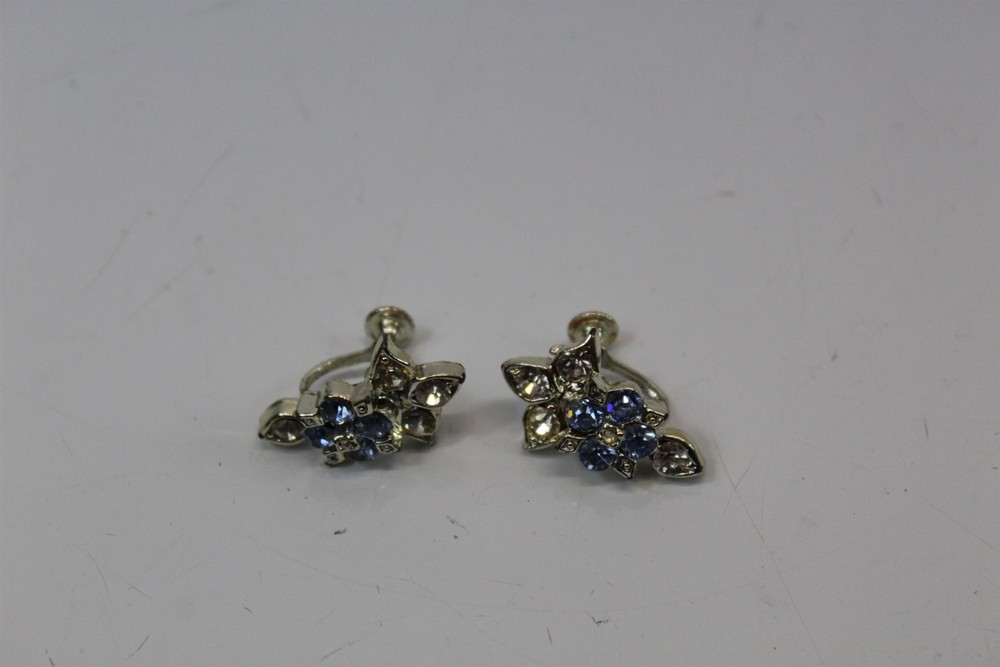 Clip On Earrings Silver-Tone Alloy With Clear & Blue Stones Vintage