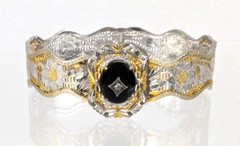 1920s Art Deco Rhodium & Gold Filigree Bangle Bracelet Onyx Stone 6.25 in