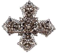 Unsigned Lisner Maltese Cross Brooch Pin Jet Rhinestone Antiqued Gold Tone