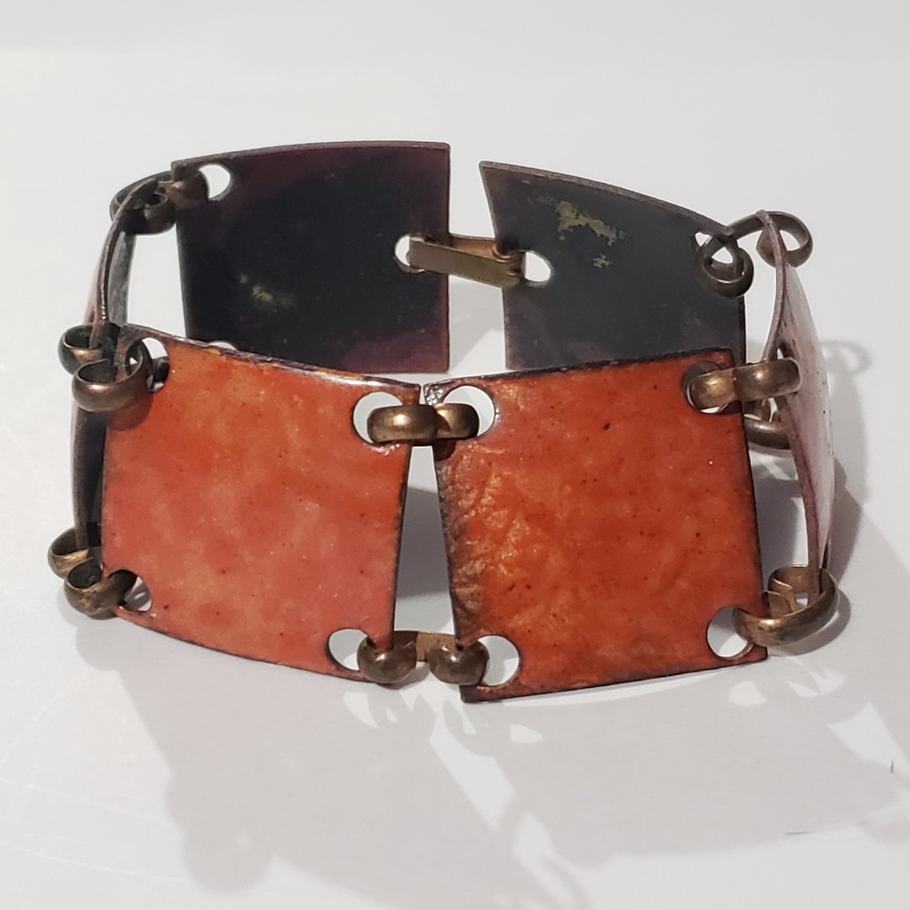 Vintage Copper Link Bracelet with Orange Enamel on Square Panels