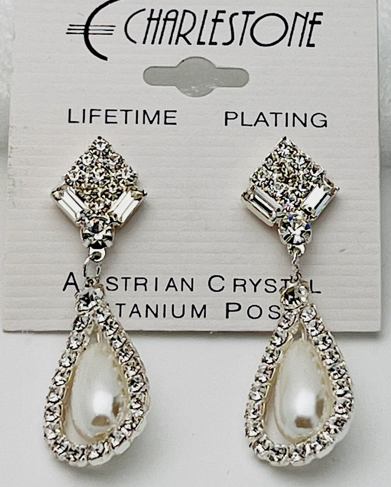Vintage Charlestone Silver Tone Faux Pearl 70 Crystal Titanium Post Earrings