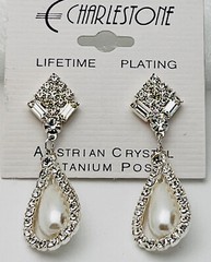 Vintage Charlestone Silver Tone Faux Pearl 70 Crystal Titanium Post Earrings