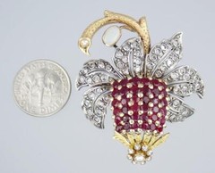 AMAZING Vintage Mid Century Portuguese 19K Ruby Diamond Strawberry Pendant Pin